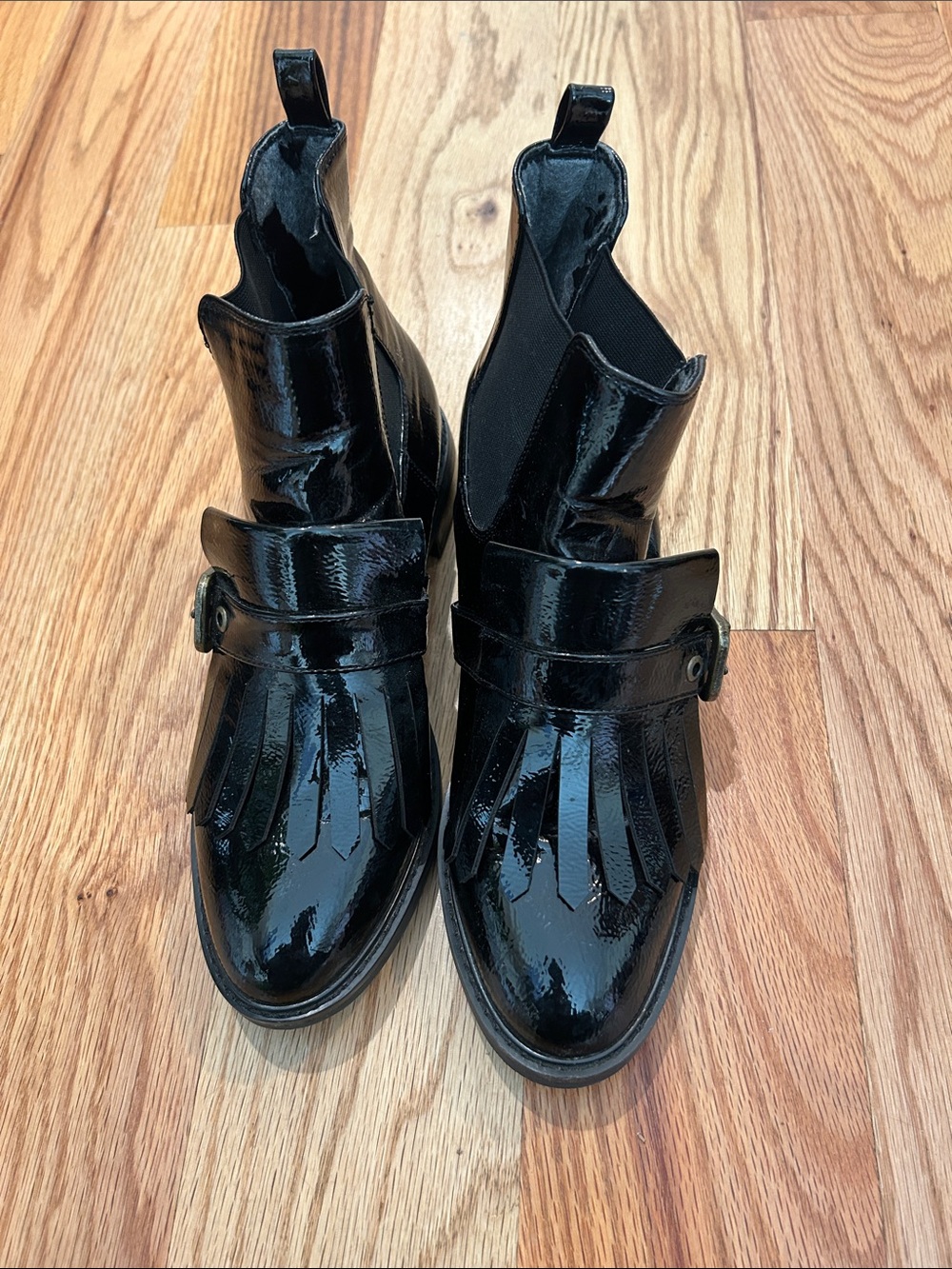 Marc Fisher Black Patent Fringe Chelsea Booties